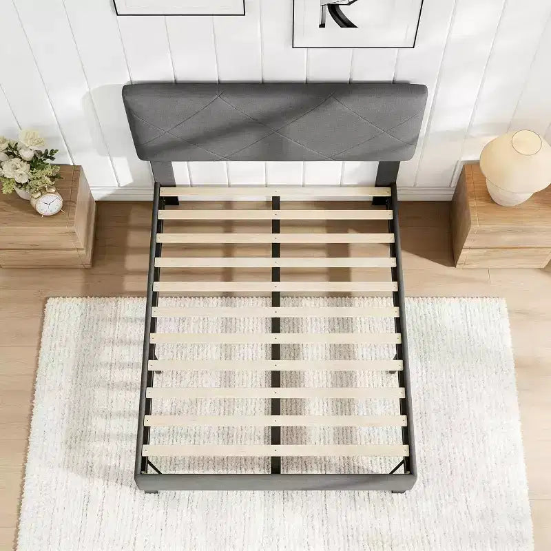 Acekool Bed Frame with Upholstered Headboard, Wood Slat Support, No Box Spring Needed