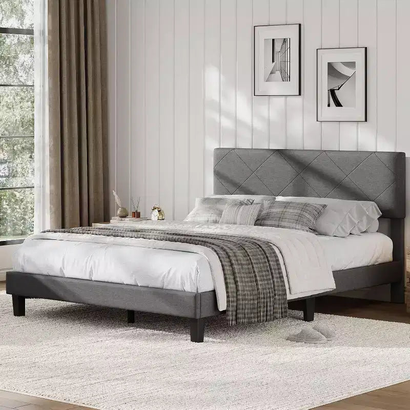 Acekool Bed Frame with Upholstered Headboard, Wood Slat Support, No Box Spring Needed