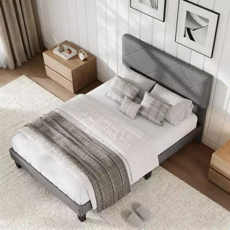 Acekool Bed Frame with Upholstered Headboard, Wood Slat Support, No Box Spring Needed