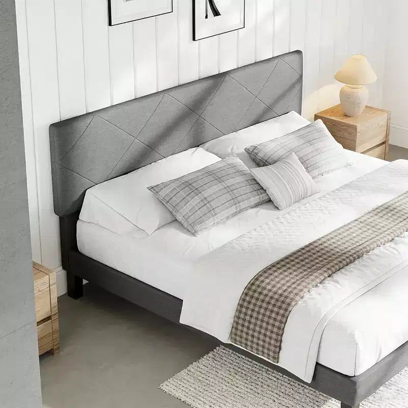 Acekool Bed Frame with Upholstered Headboard, Wood Slat Support, No Box Spring Needed