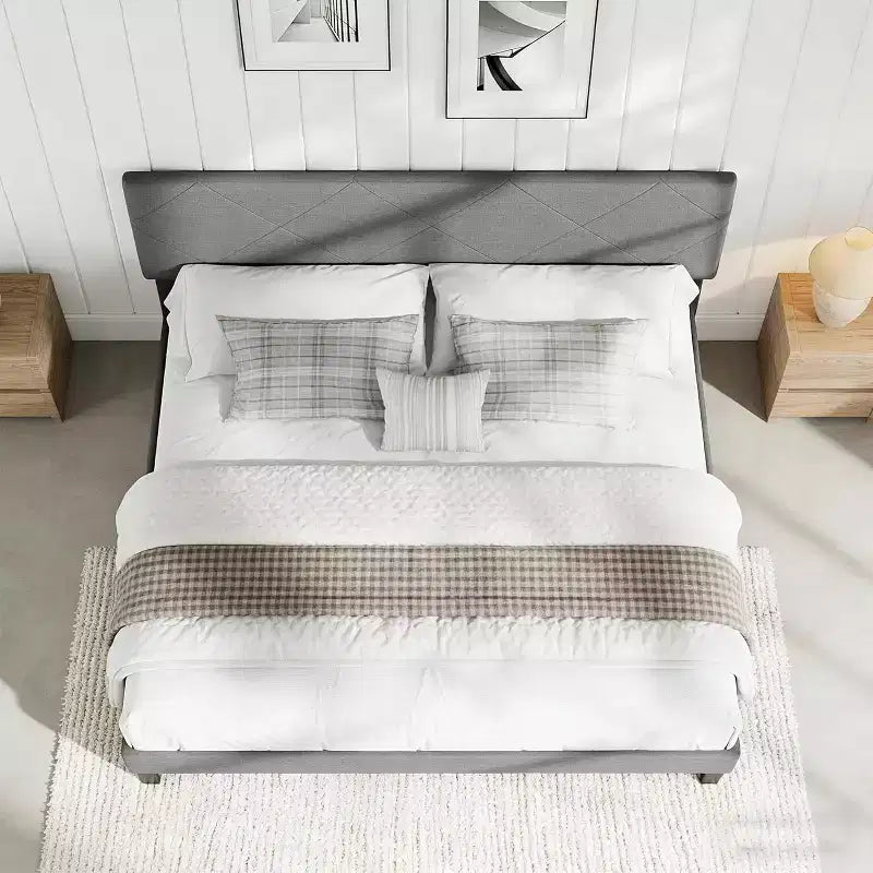 Acekool Bed Frame with Upholstered Headboard, Wood Slat Support, No Box Spring Needed