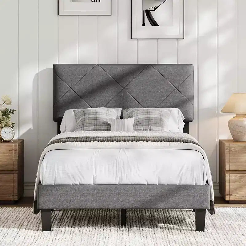 Acekool Bed Frame with Upholstered Headboard, Wood Slat Support, No Box Spring Needed