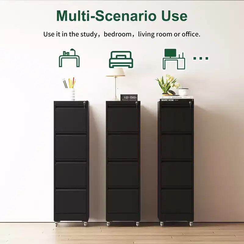 VIYET 52H 4-Drawer Locking Vertical File Cabinet on Wheels, Black Heavy-Duty Metal Cabinet for Home/Office, Fits Legal/Letter