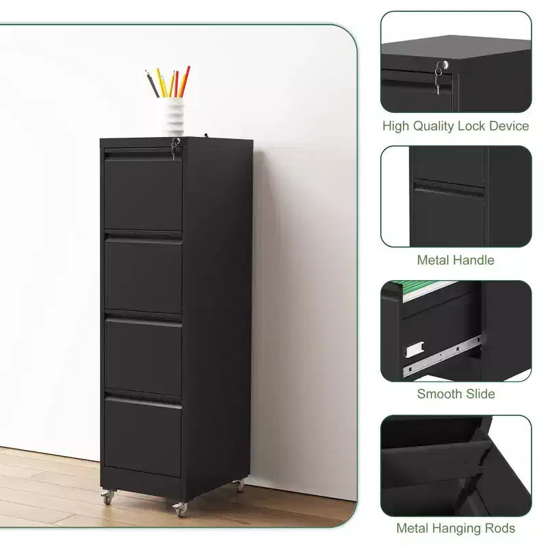 VIYET 52H 4-Drawer Locking Vertical File Cabinet on Wheels, Black Heavy-Duty Metal Cabinet for Home/Office, Fits Legal/Letter