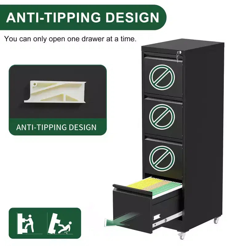 VIYET 52H 4-Drawer Locking Vertical File Cabinet on Wheels, Black Heavy-Duty Metal Cabinet for Home/Office, Fits Legal/Letter