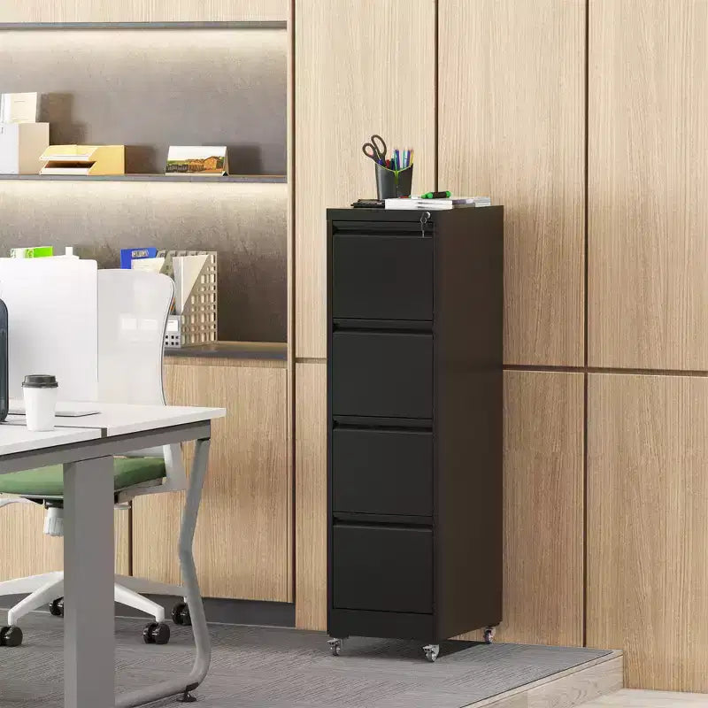 VIYET 52H 4-Drawer Locking Vertical File Cabinet on Wheels, Black Heavy-Duty Metal Cabinet for Home/Office, Fits Legal/Letter
