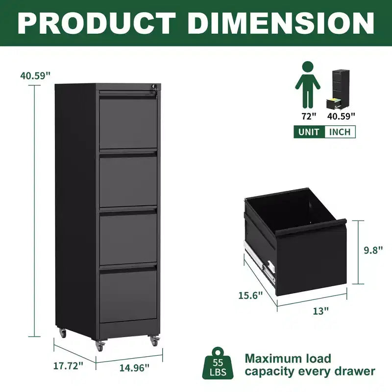 VIYET 52H 4-Drawer Locking Vertical File Cabinet on Wheels, Black Heavy-Duty Metal Cabinet for Home/Office, Fits Legal/Letter