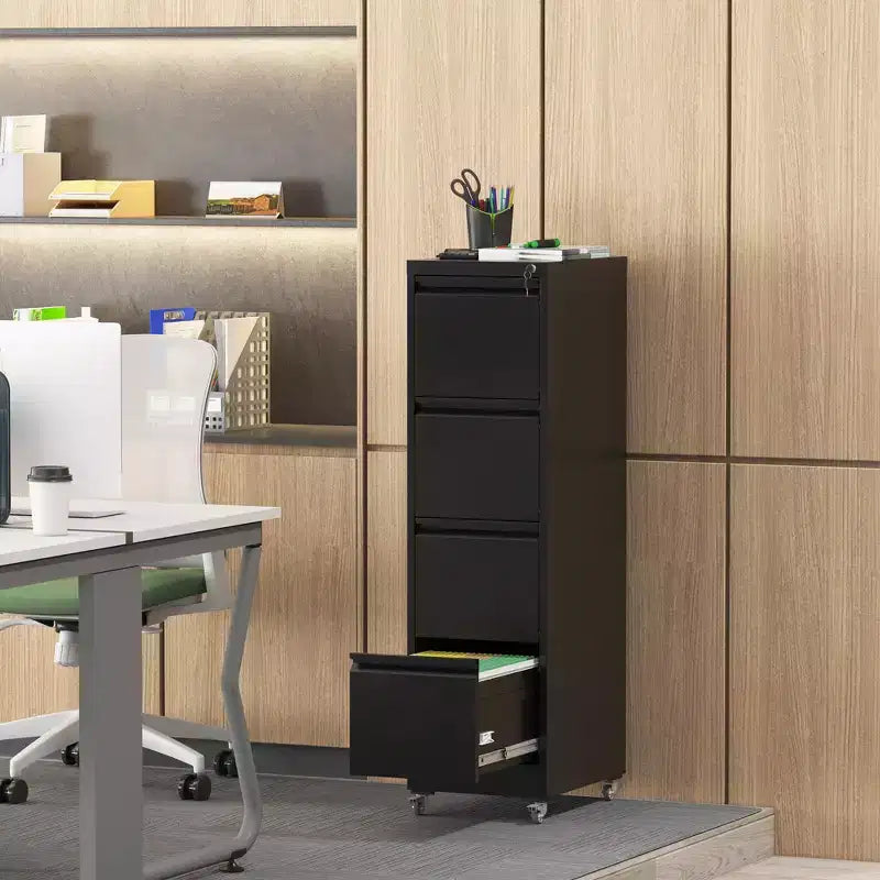 VIYET 52H 4-Drawer Locking Vertical File Cabinet on Wheels, Black Heavy-Duty Metal Cabinet for Home/Office, Fits Legal/Letter