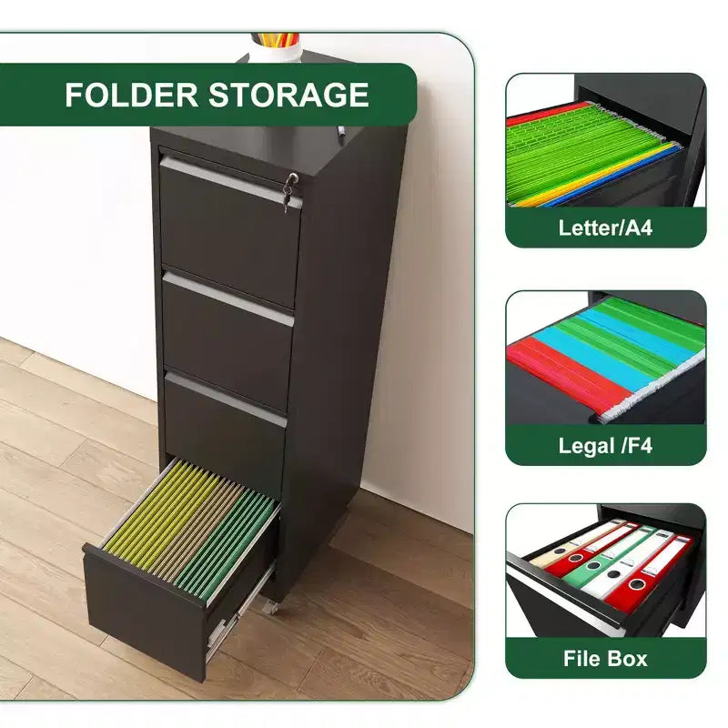 VIYET 52H 4-Drawer Locking Vertical File Cabinet on Wheels, Black Heavy-Duty Metal Cabinet for Home/Office, Fits Legal/Letter