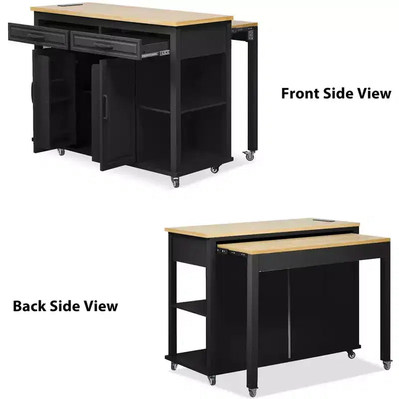 GDFStudio Yannic 47 Kitchen Island with Extendable Dining Table, Power Outlet and Wheels