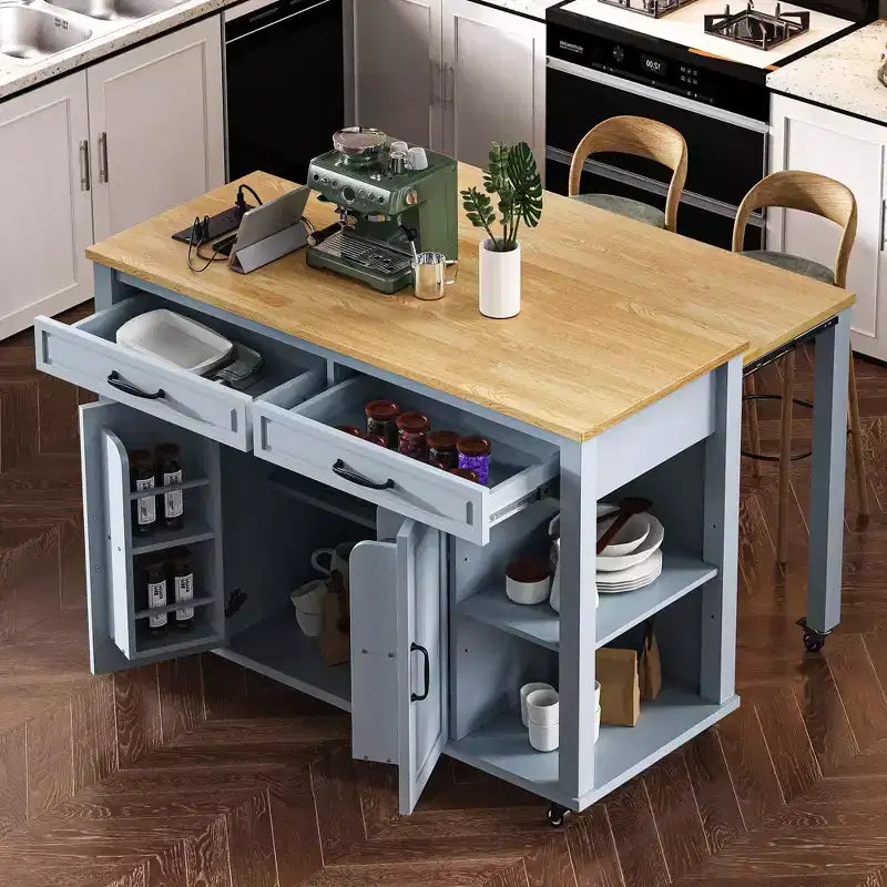 GDFStudio Yannic 47 Kitchen Island with Extendable Dining Table, Power Outlet and Wheels