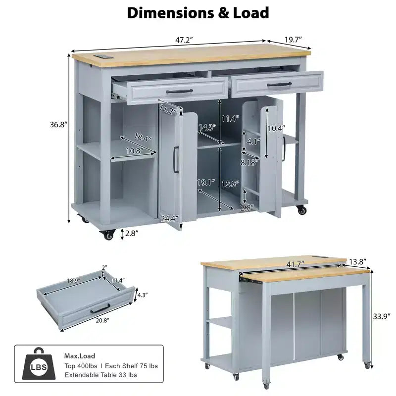 GDFStudio Yannic 47 Kitchen Island with Extendable Dining Table, Power Outlet and Wheels