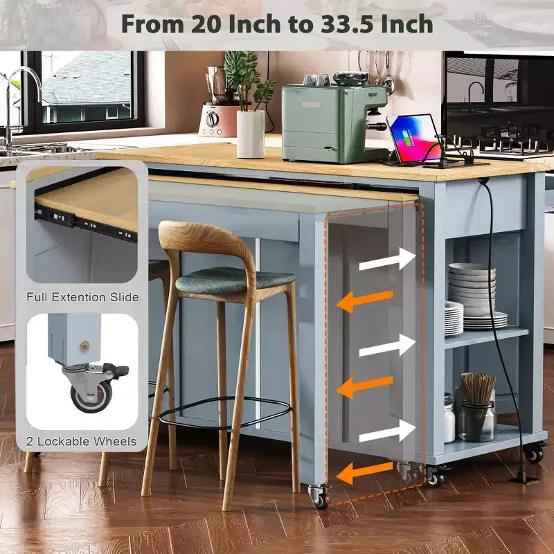 GDFStudio Yannic 47 Kitchen Island with Extendable Dining Table, Power Outlet and Wheels