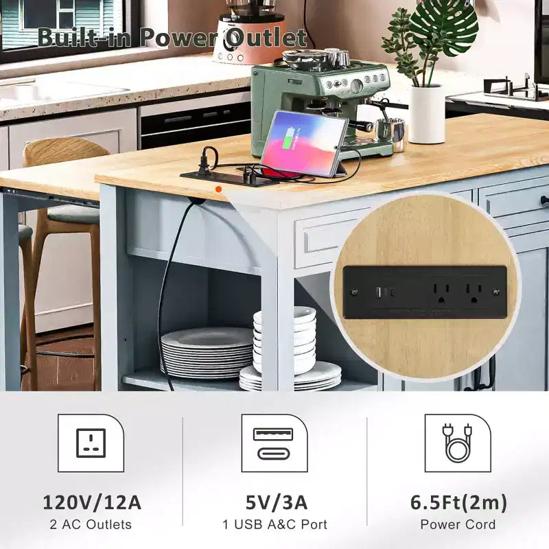 GDFStudio Yannic 47 Kitchen Island with Extendable Dining Table, Power Outlet and Wheels
