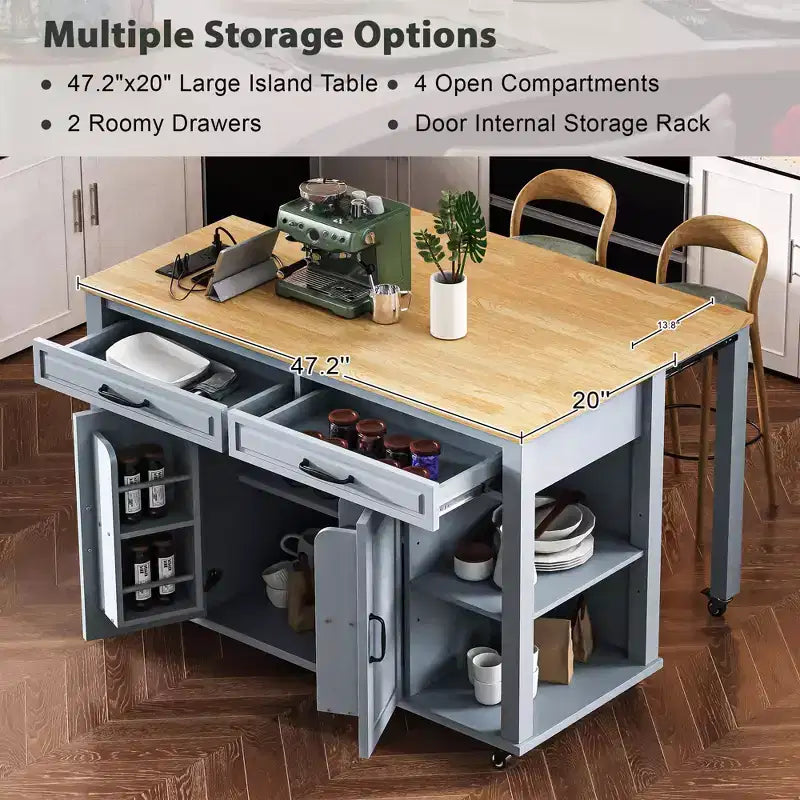 GDFStudio Yannic 47 Kitchen Island with Extendable Dining Table, Power Outlet and Wheels