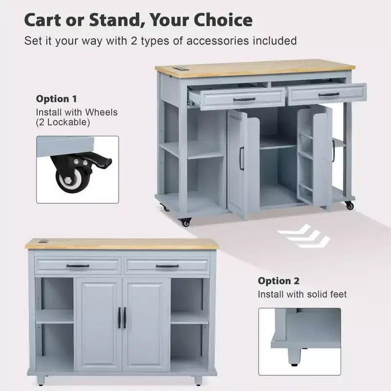 GDFStudio Yannic 47 Kitchen Island with Extendable Dining Table, Power Outlet and Wheels