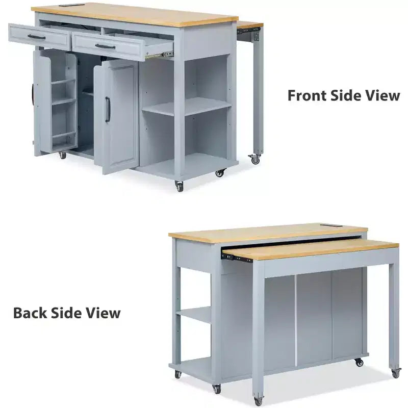 GDFStudio Yannic 47 Kitchen Island with Extendable Dining Table, Power Outlet and Wheels