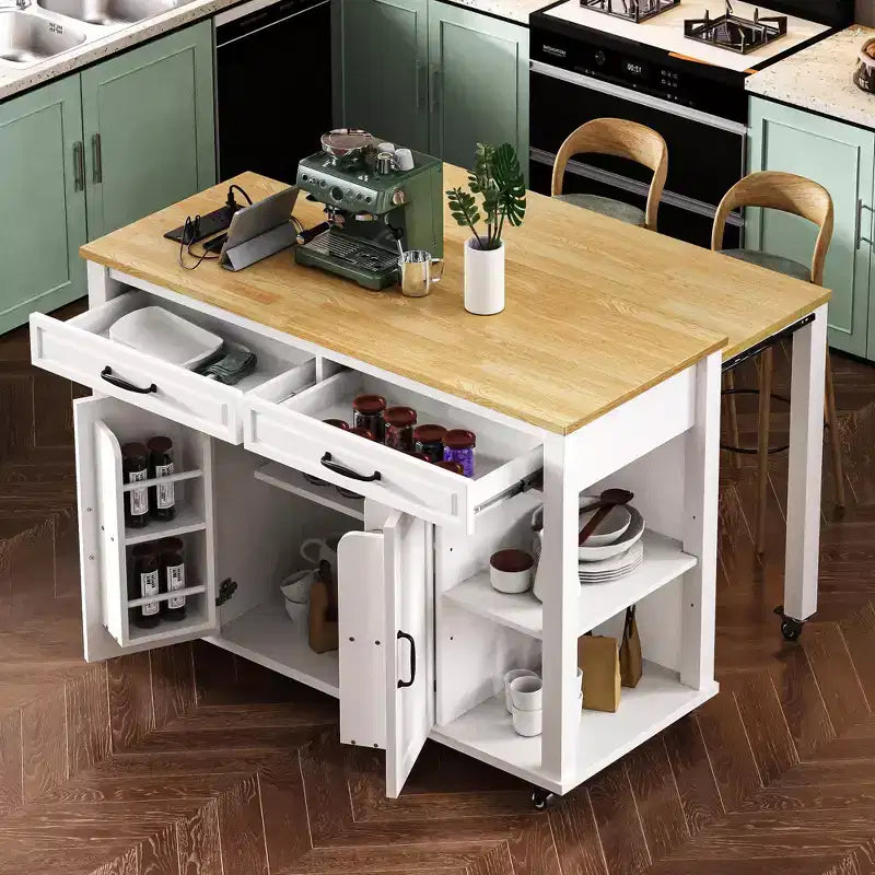 GDFStudio Yannic 47 Kitchen Island with Extendable Dining Table, Power Outlet and Wheels