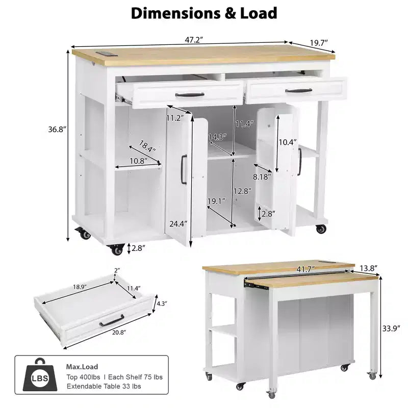 GDFStudio Yannic 47 Kitchen Island with Extendable Dining Table, Power Outlet and Wheels
