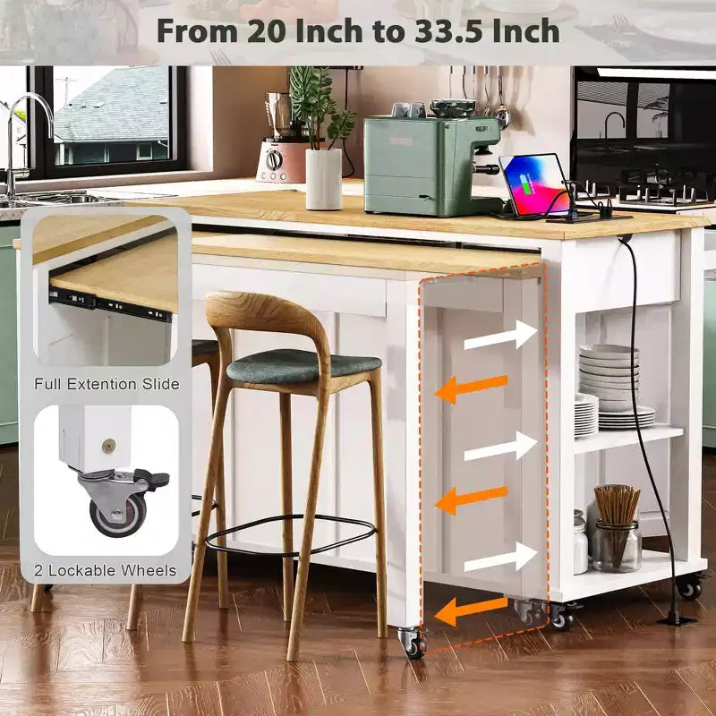 GDFStudio Yannic 47 Kitchen Island with Extendable Dining Table, Power Outlet and Wheels