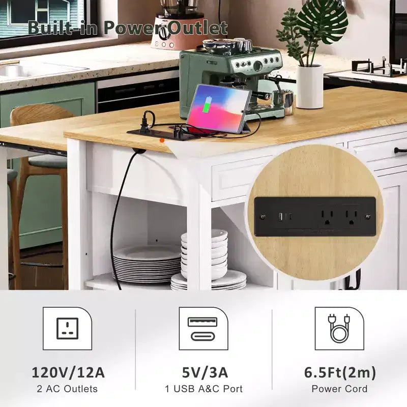 GDFStudio Yannic 47 Kitchen Island with Extendable Dining Table, Power Outlet and Wheels