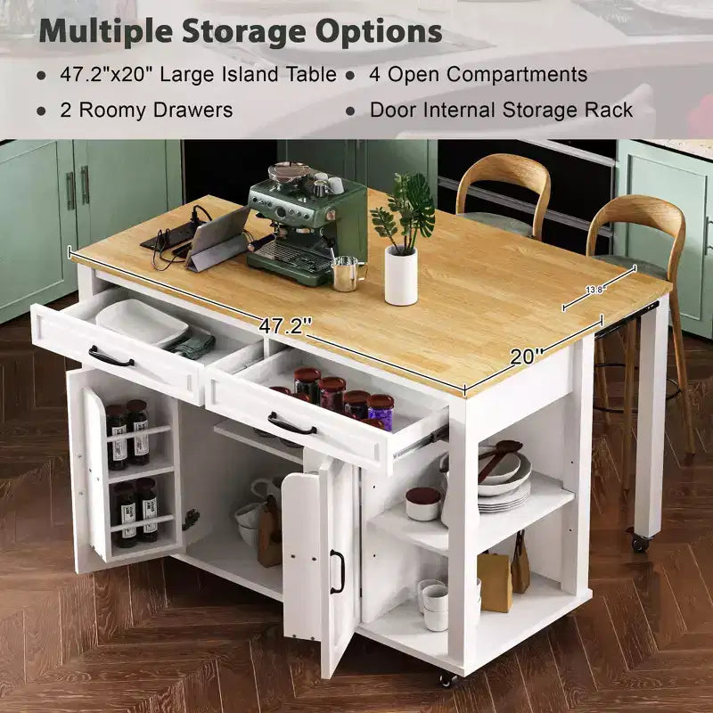 GDFStudio Yannic 47 Kitchen Island with Extendable Dining Table, Power Outlet and Wheels