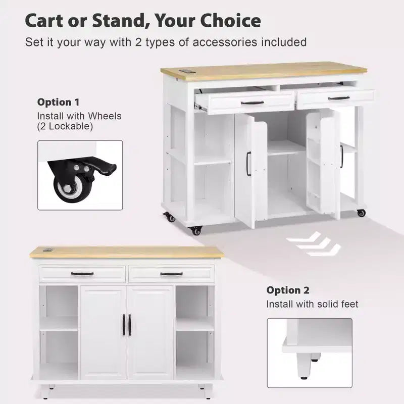 GDFStudio Yannic 47 Kitchen Island with Extendable Dining Table, Power Outlet and Wheels