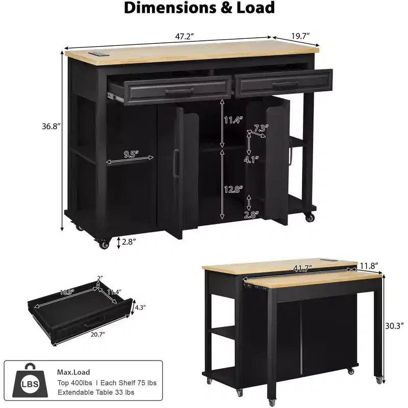 GDFStudio Yannic 47 Kitchen Island with Extendable Dining Table, Power Outlet and Wheels