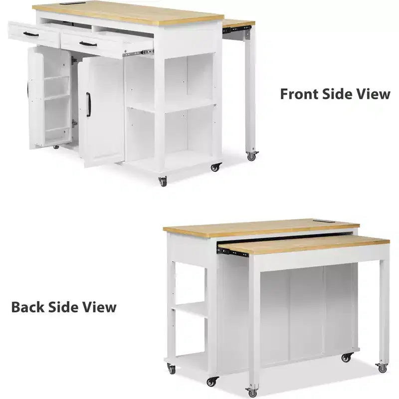 GDFStudio Yannic 47 Kitchen Island with Extendable Dining Table, Power Outlet and Wheels