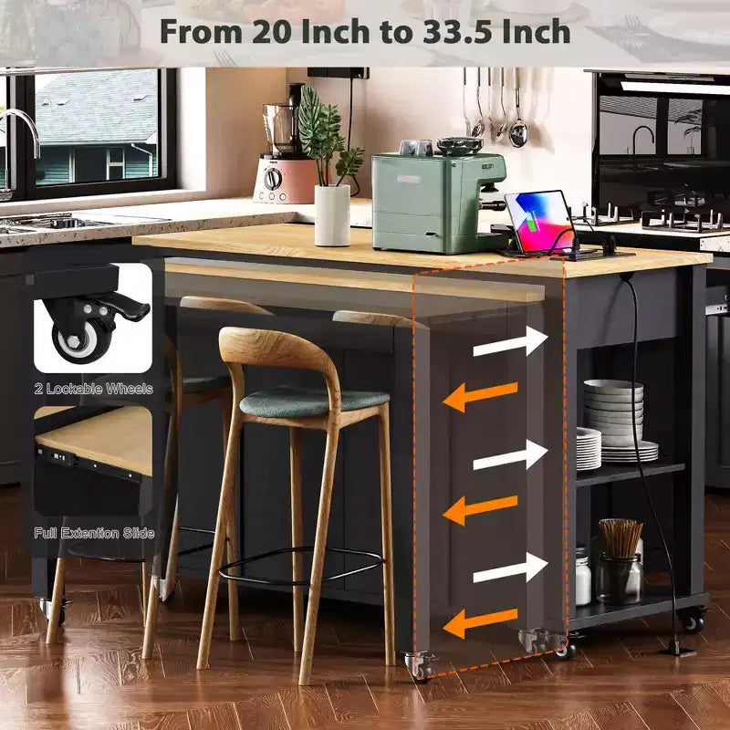 GDFStudio Yannic 47 Kitchen Island with Extendable Dining Table, Power Outlet and Wheels