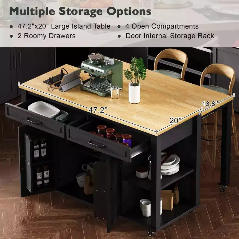 GDFStudio Yannic 47 Kitchen Island with Extendable Dining Table, Power Outlet and Wheels