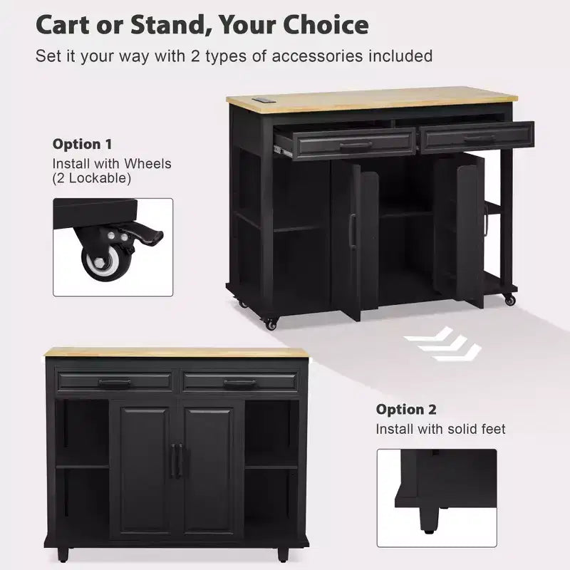 GDFStudio Yannic 47 Kitchen Island with Extendable Dining Table, Power Outlet and Wheels