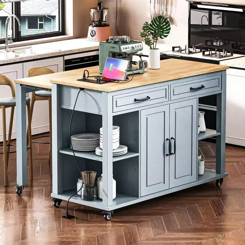GDFStudio Yannic 47 Kitchen Island with Extendable Dining Table, Power Outlet and Wheels