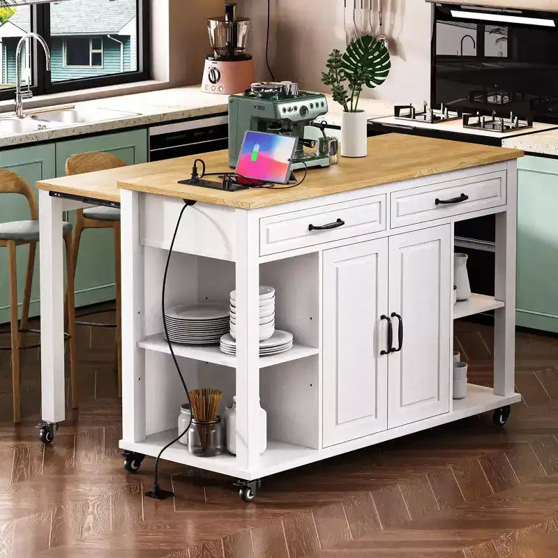 GDFStudio Yannic 47 Kitchen Island with Extendable Dining Table, Power Outlet and Wheels