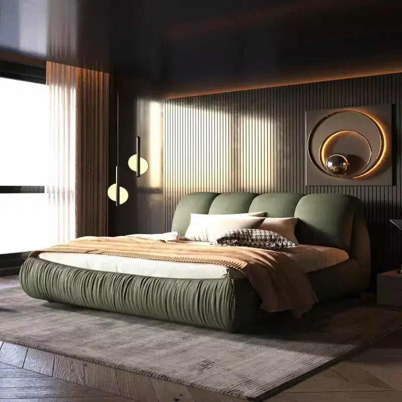 MAYEERTY King Size Luxury Upholstered Platform Bed with Oversized Padded Backrset and Solid Wood Frame Green
