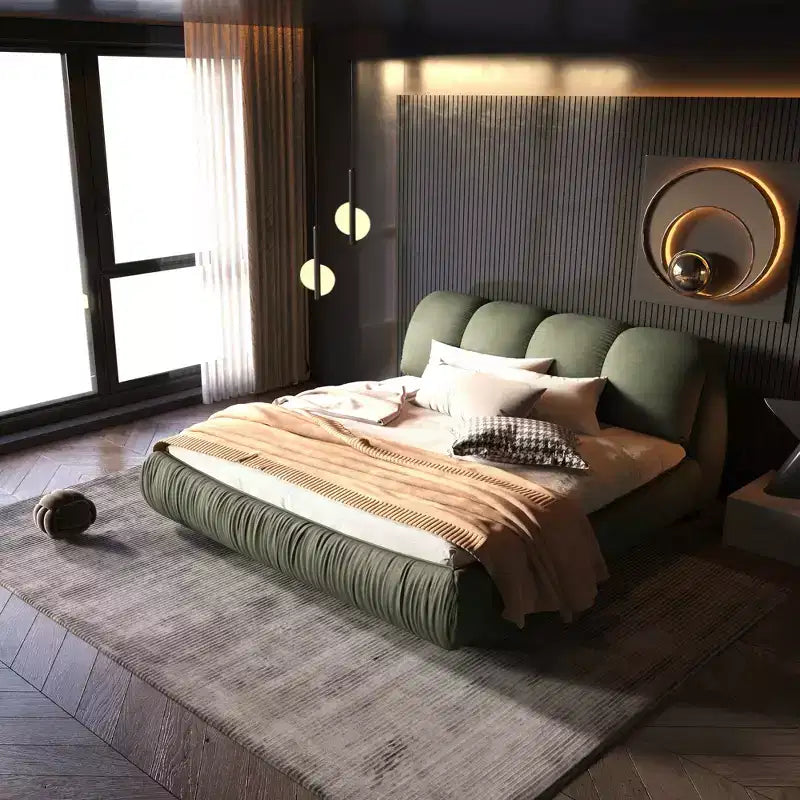 MAYEERTY King Size Luxury Upholstered Platform Bed with Oversized Padded Backrset and Solid Wood Frame Green