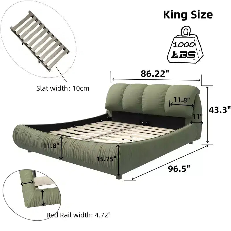 MAYEERTY King Size Luxury Upholstered Platform Bed with Oversized Padded Backrset and Solid Wood Frame Green