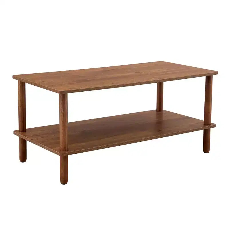 MAYEERTY 2-Tier Rectangular Coffee Table with Rubberwood Legs & Open Storage for Living Room, Modern Center Table