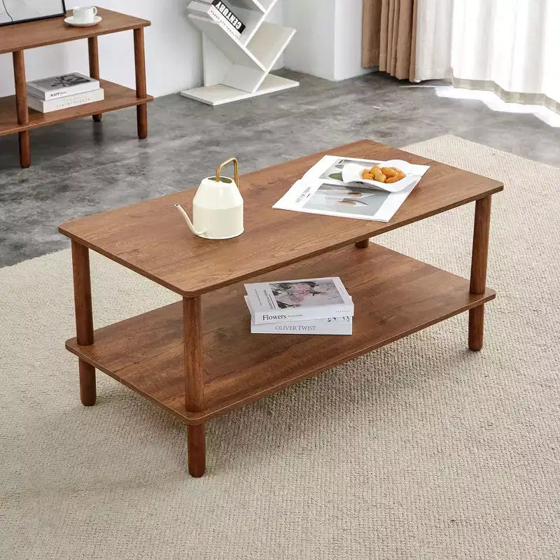MAYEERTY 2-Tier Rectangular Coffee Table with Rubberwood Legs & Open Storage for Living Room, Modern Center Table