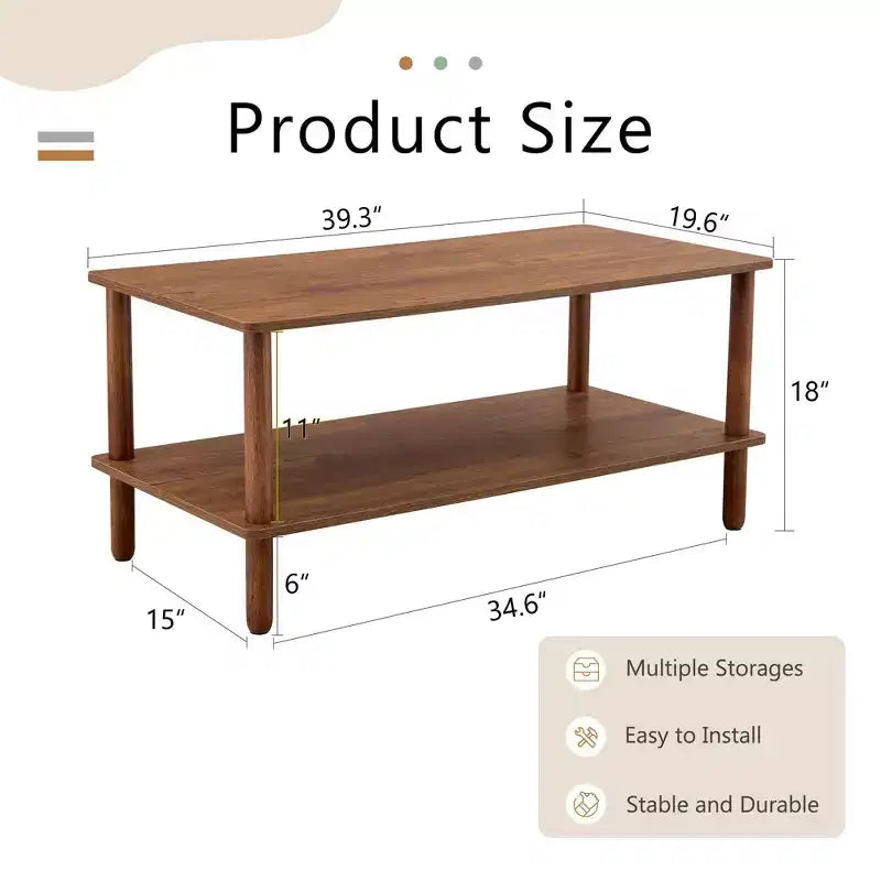 MAYEERTY 2-Tier Rectangular Coffee Table with Rubberwood Legs & Open Storage for Living Room, Modern Center Table