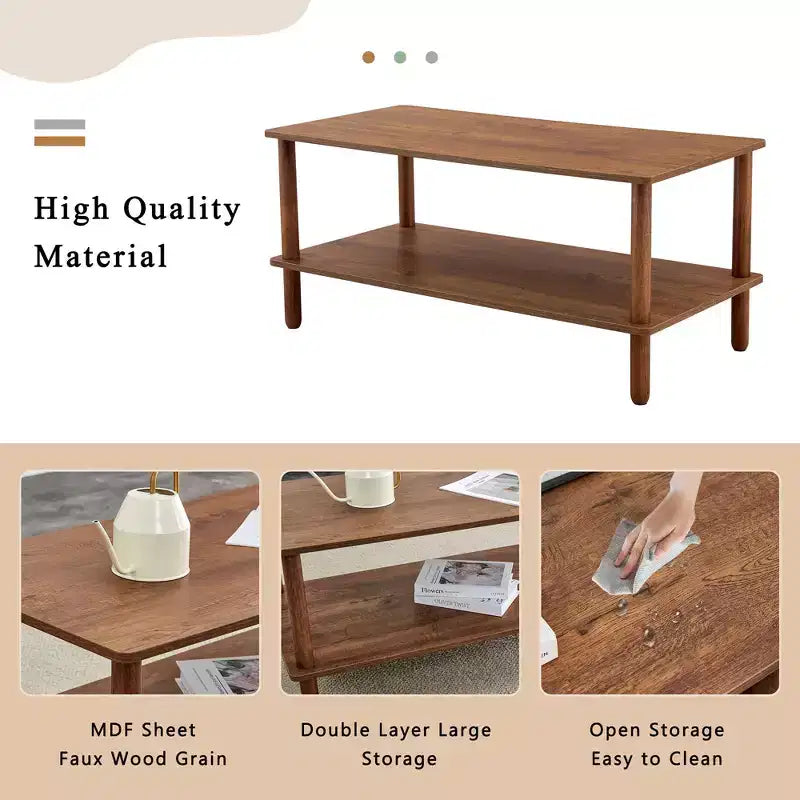 MAYEERTY 2-Tier Rectangular Coffee Table with Rubberwood Legs & Open Storage for Living Room, Modern Center Table