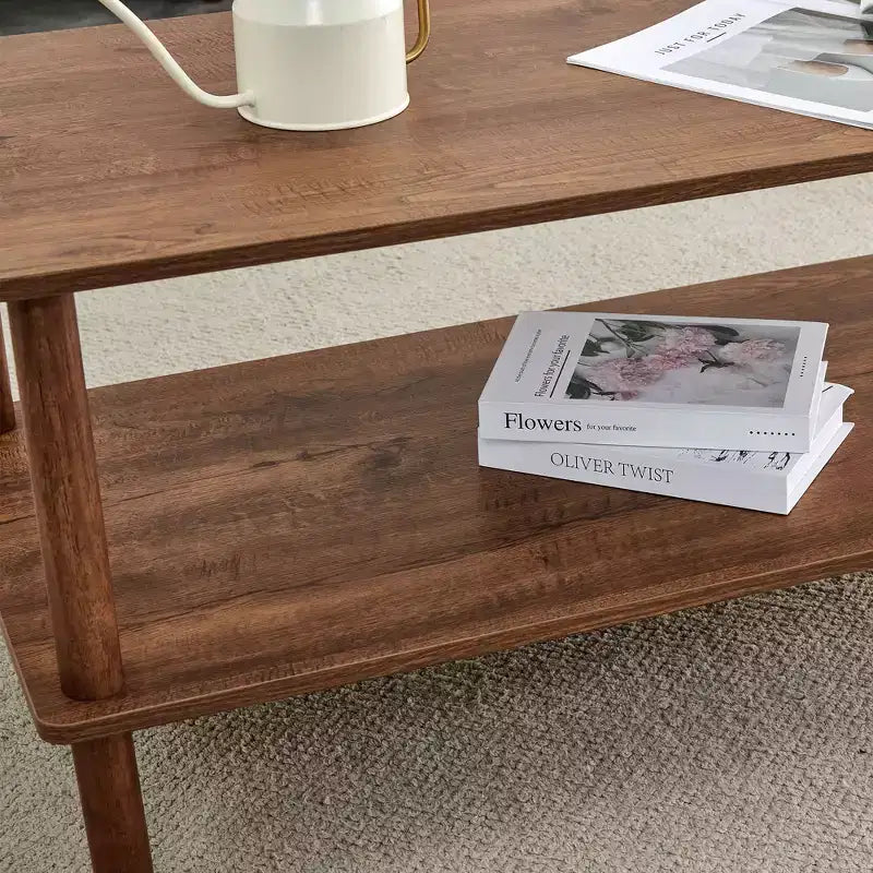MAYEERTY 2-Tier Rectangular Coffee Table with Rubberwood Legs & Open Storage for Living Room, Modern Center Table