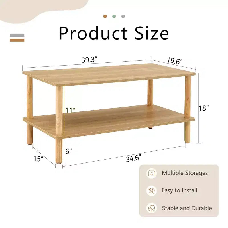 MAYEERTY 2-Tier Rectangular Coffee Table with Rubberwood Legs & Open Storage for Living Room, Modern Center Table