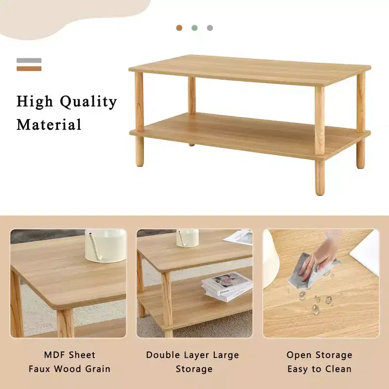 MAYEERTY 2-Tier Rectangular Coffee Table with Rubberwood Legs & Open Storage for Living Room, Modern Center Table