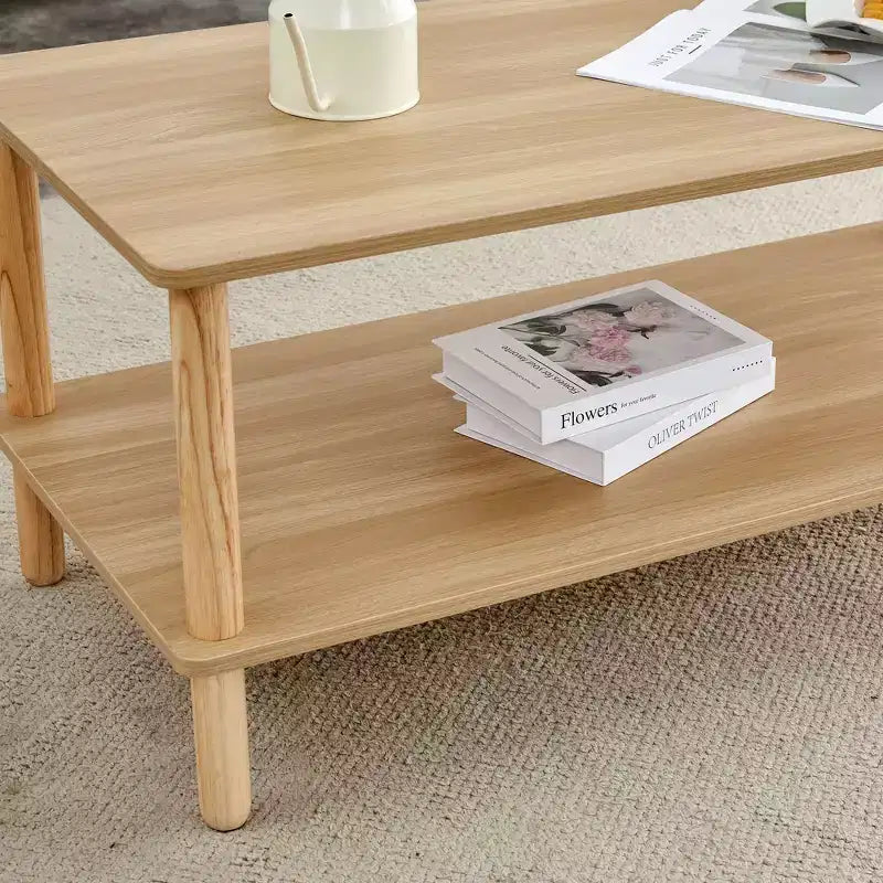 MAYEERTY 2-Tier Rectangular Coffee Table with Rubberwood Legs & Open Storage for Living Room, Modern Center Table