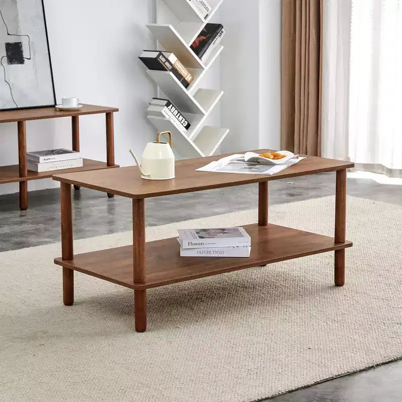 MAYEERTY 2-Tier Rectangular Coffee Table with Rubberwood Legs & Open Storage for Living Room, Modern Center Table