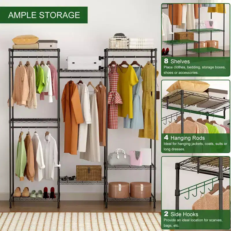 Heavy Duty Garment Rack, Clothes Rack with Adjustable Shelves, Hanging Rails & Hooks, Freestanding Portable Wardrobe Closet for Bedroom, Entrance