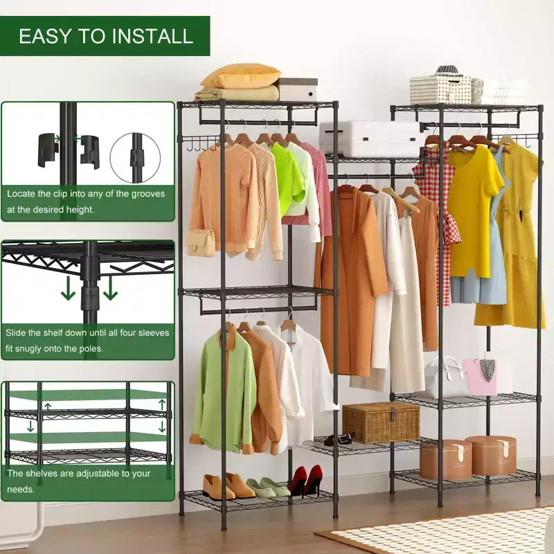 Heavy Duty Garment Rack, Clothes Rack with Adjustable Shelves, Hanging Rails & Hooks, Freestanding Portable Wardrobe Closet for Bedroom, Entrance