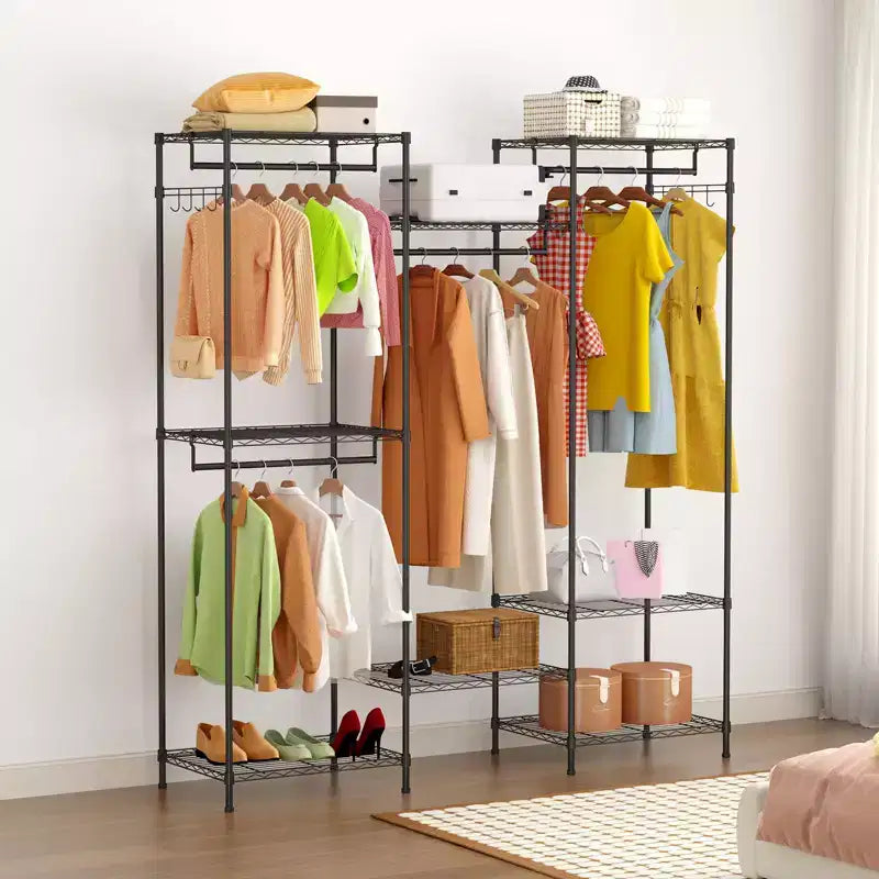 Heavy Duty Garment Rack, Clothes Rack with Adjustable Shelves, Hanging Rails & Hooks, Freestanding Portable Wardrobe Closet for Bedroom, Entrance