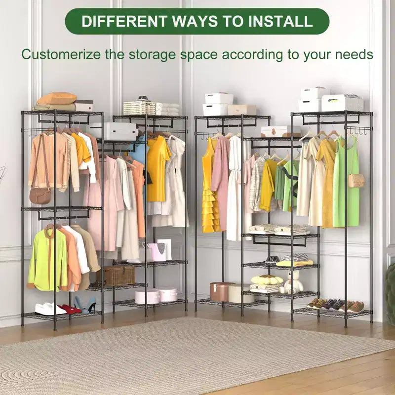 Heavy Duty Garment Rack, Clothes Rack with Adjustable Shelves, Hanging Rails & Hooks, Freestanding Portable Wardrobe Closet for Bedroom, Entrance